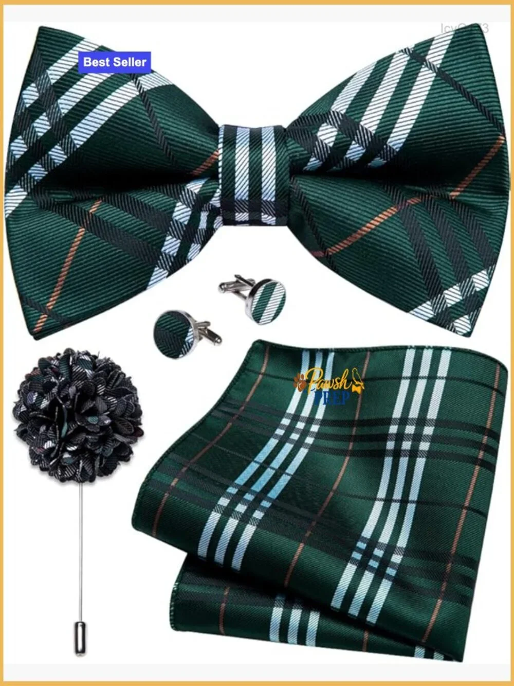 Silk Pre-Tied Bow Tie Set with Pocket Square and Cufflinks, Adjustable for